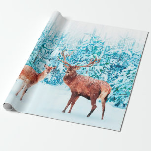 Papier Cadeau Famille de cerfs nobles en hiver enneigé. Noël