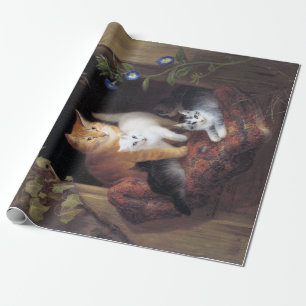 Papier Cadeau Famille de chats et feuille d'ivoire par Henriette
