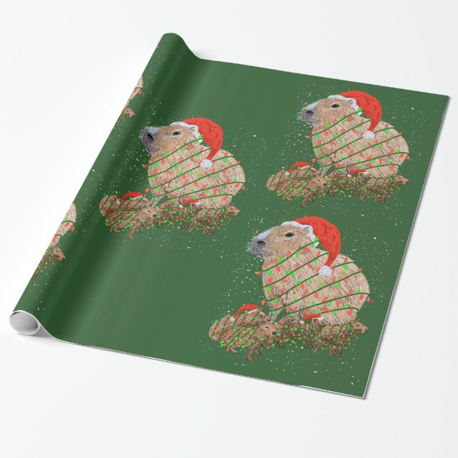 Papier Cadeau Famille de Noël Capybara enroulée dans la lumière  (Déroulé)