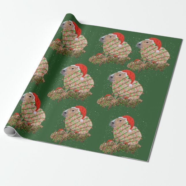 Papier Cadeau Famille de Noël Capybara enroulée dans la lumière  (Déroulé)