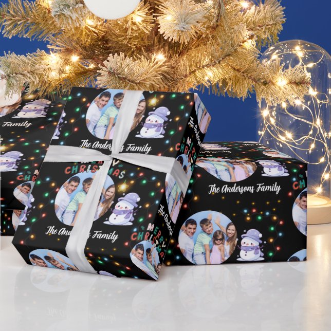 Papier Cadeau Famille de Noël moderne Snowman Photo et nom (Vacances)