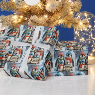 Papier Cadeau Famille de pingouins avec un signe amusant