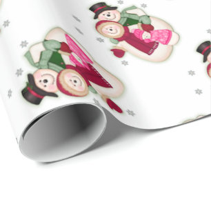 Papier Cadeau Famille de Snowman givré - rose