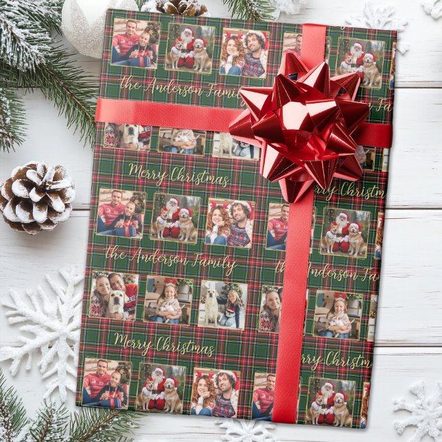 Papier Cadeau Famille Noël Plaid Gold Custom 6 Photo Collage (Créateur téléchargé)