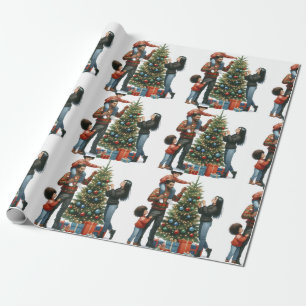 Papier Cadeau Famille noire autour du sapin de Noël