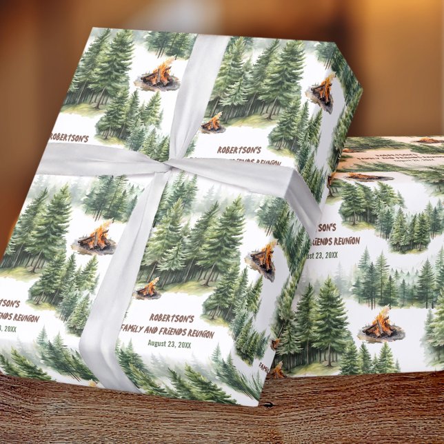 Papier Cadeau Famille Reunion Forest Campfire Nom vert (Family Reunion Forest Campfire Green Name Wrapping Paper)