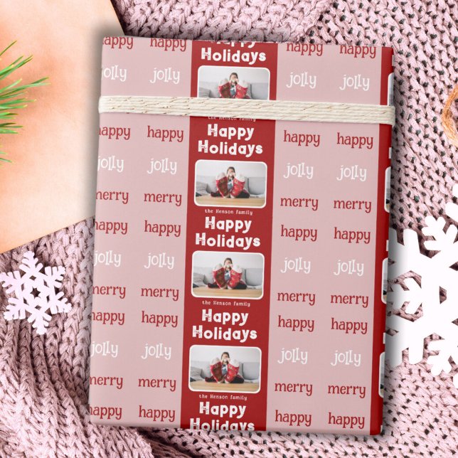 Papier Cadeau Famille rose rouge moderne photo Noël heureux (Créateur téléchargé)