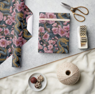 Papier Cadeau Fantaisie élégante de dragon et de cerisier rose