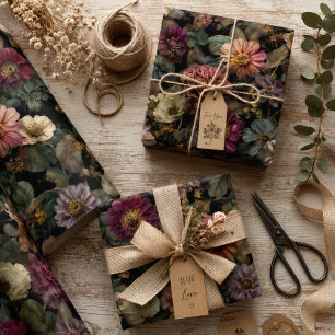 Papier Cadeau Fantasque Foncé Bohème Floral Rose et Vert