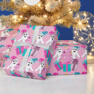 Papier Cadeau Fantômes au chapeau de Père Noël avec sapin de Noë