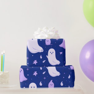 Papier Cadeau Fantômes blancs et violets Étoiles Bleu Halloween