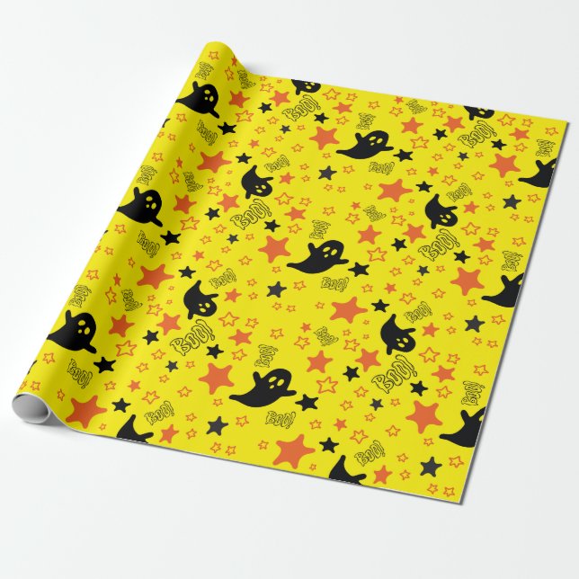 Papier Cadeau Fantômes d'Halloween : Papier d'enveloppement jaun (Déroulé)