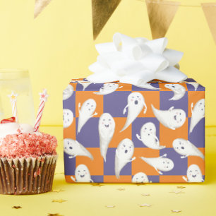 Papier Cadeau Fantômes en damier violet et orange Halloween