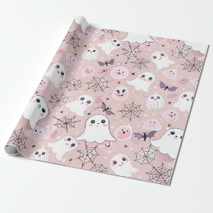 Papier Cadeau Fantômes roses et éléments d'Halloween Motif sans