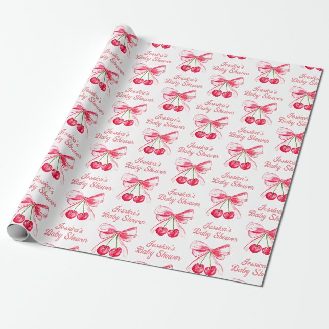 Papier Cadeau Fardeau Rose Rouge à l'Arc Cerise Féminin Baby Sho (Déroulé)
