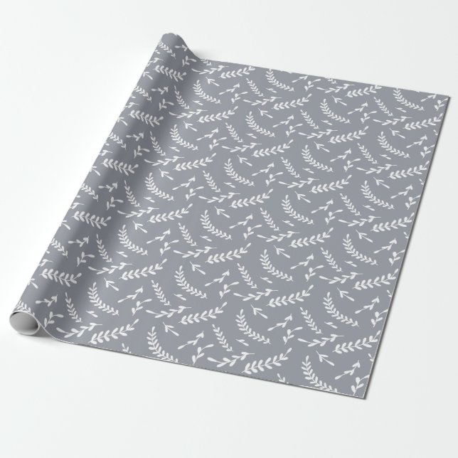 Papier Cadeau Farmhouse Grey White Feuilles d'hiver Noël (Déroulé)