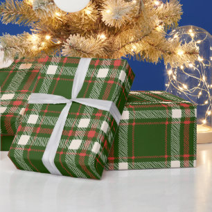 Papier Cadeau Farmhouse vert rouge blanc plaid mignon Noël