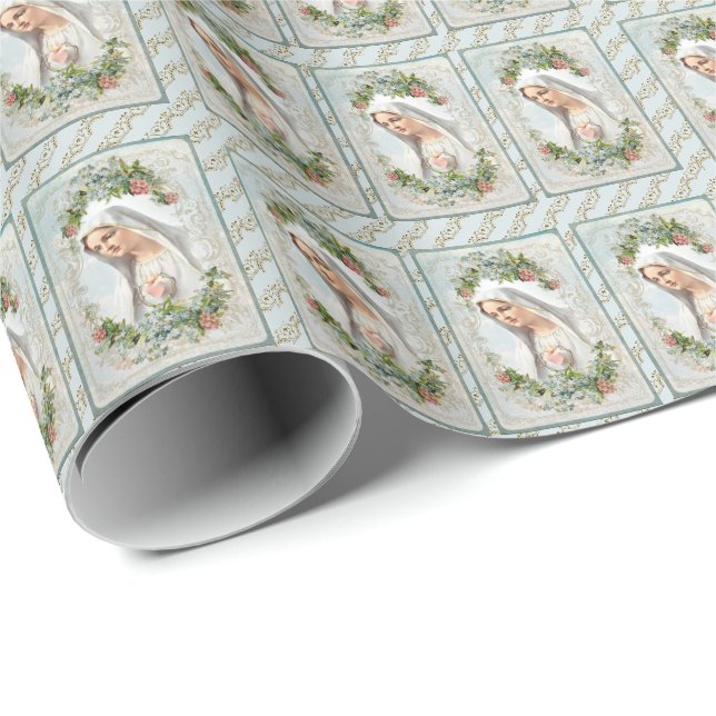 Papier Cadeau Fatima Bienheureuse Vierge Marie Florale Catholiqu (Coin rond)