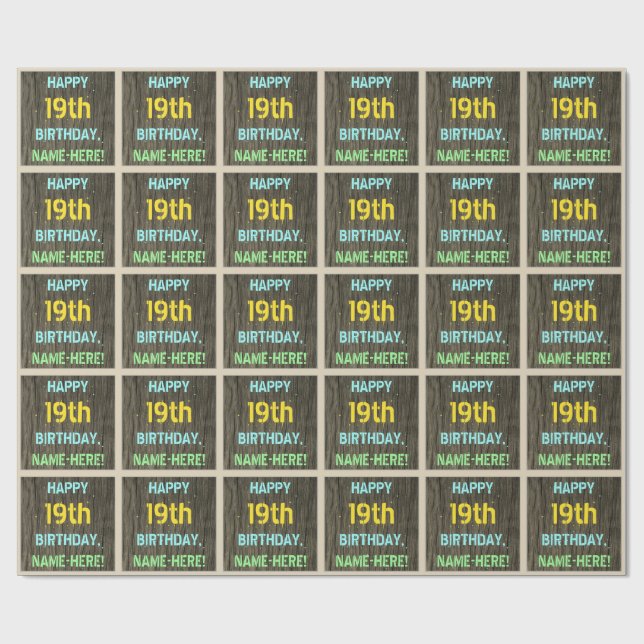 Papier Cadeau Faux Bois, Aspect Texte Peint, 19ème Anniversaire  (Plat)
