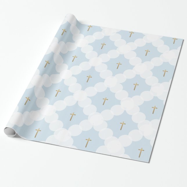 Papier Cadeau Faux Croix d'or cercle blanc motif baptême (Déroulé)
