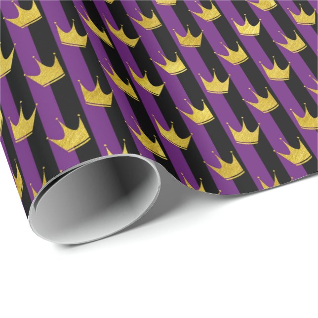 Papier Cadeau Faux Gold Crowes Purple Black Stripes Mardi Gras (Coin rond)