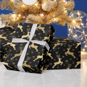 Papier Cadeau Faux Gold Foil Christmas Reindeer & Black Bokeh