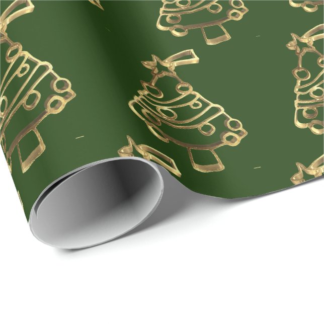 Papier Cadeau Faux Gold Green Christmas Tree Motif Élégant (Coin rond)