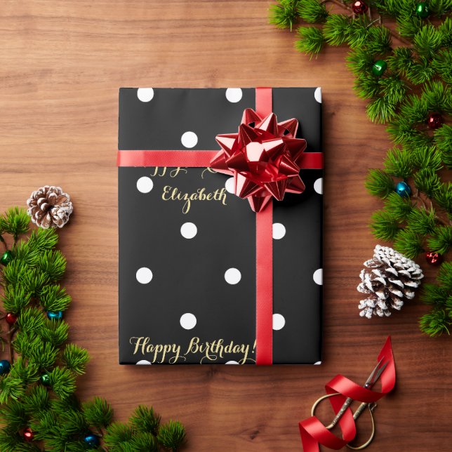 Papier Cadeau Faux Gold Script personnalisé Pointe Polka noir et (Cadeau de vacances)