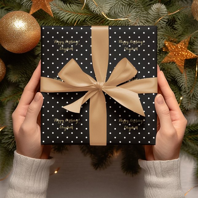 Papier Cadeau Faux Gold Script personnalisé Pointe Polka noir et (Custom Faux Gold Script Black and White Polka Dot Wrapping Paper)