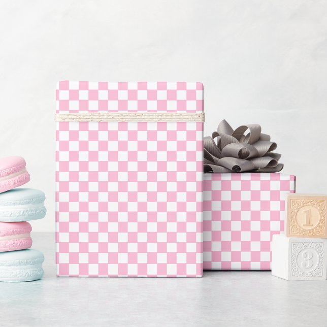 Papier Cadeau Faux Gold texte personnalisé rose et blanc À damie (Custom Faux Gold Text Pink and White Checkered Wrapping Paper)