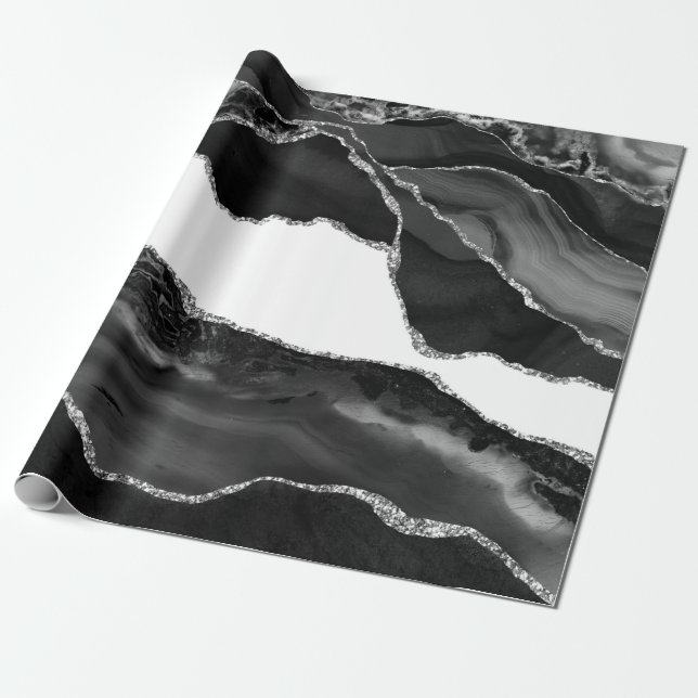 Papier Cadeau Faux Marbré Agate noir blanc pierre moderne à la m (Déroulé)