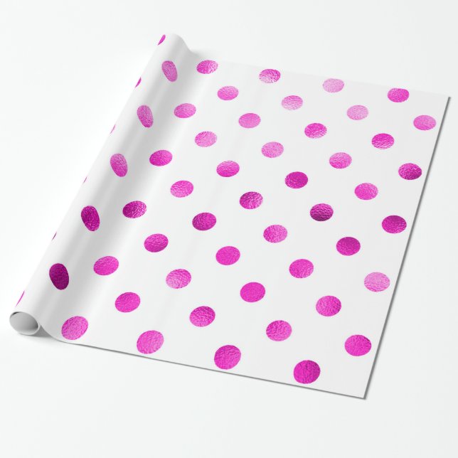Papier Cadeau Faux métalliques roses chauds Foil Polka Point Bla (Déroulé)