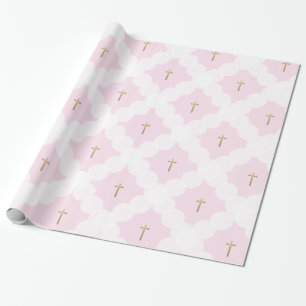 Papier Cadeau Faux or croix blanc cercle motif baptême rose