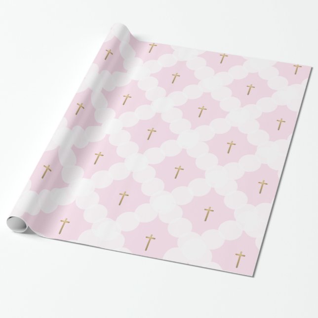 Papier Cadeau Faux or croix blanc cercle motif baptême rose (Déroulé)