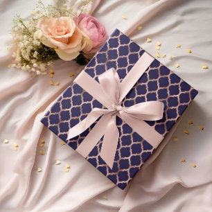 Papier Cadeau Faux Rose Gold Foil et Navy Blue Quatrefoil
