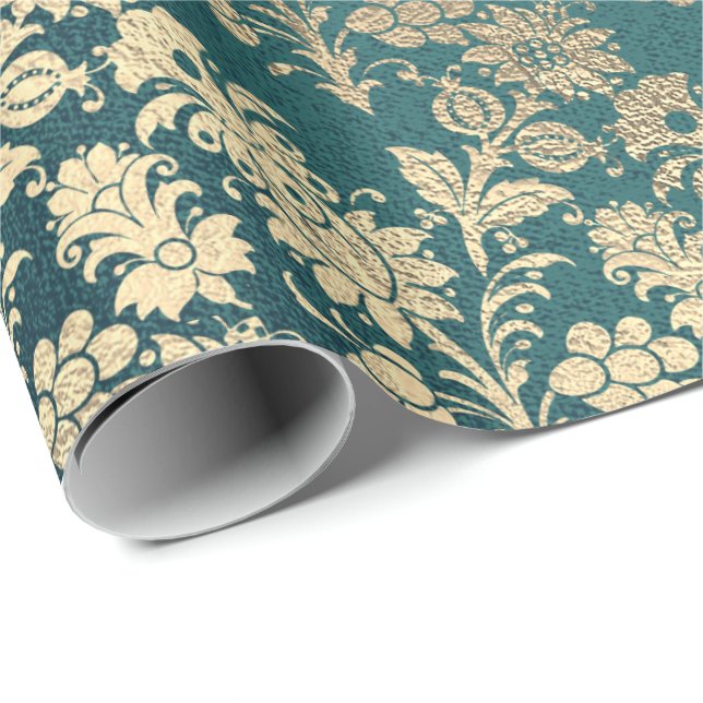 Papier Cadeau Faux Royal Gold Floral Powder Floral Pearly Turquo (Coin rond)