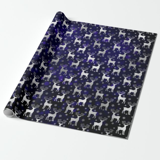 Papier Cadeau Faux Silver Foil Noël Reindeer & livre bleu (Déroulé)