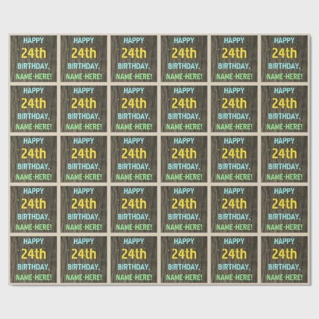 Papier Cadeau Faux Wood, Peint Texte Look, 24e anniversaire + No (Plat)