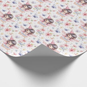 Papier Cadeau Fée mignonne en Casquette d'anniversaire, Fleurs, 