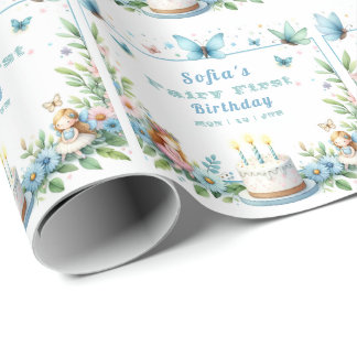 Papier Cadeau Fée Papillon Pastel Bleu Premier Anniversaire -