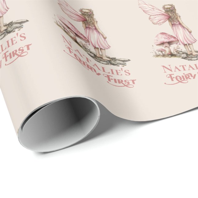 Papier Cadeau Fée rose pâle première fête d'anniversaire Personn (Coin rond)