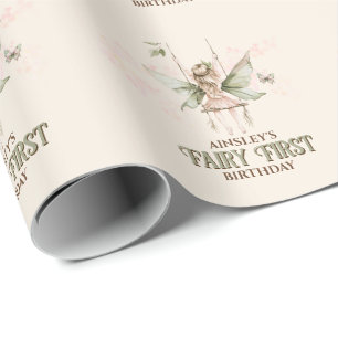 Papier Cadeau Fée rose personnalisée 1er anniversaire