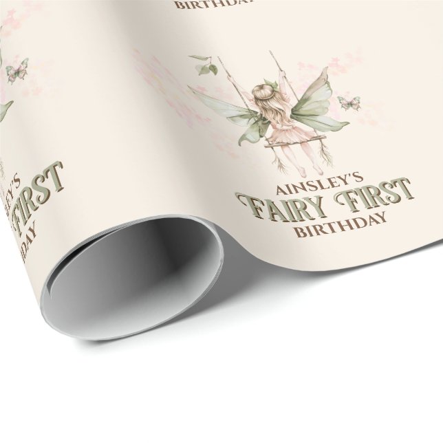 Papier Cadeau Fée rose personnalisée 1er anniversaire (Coin rond)