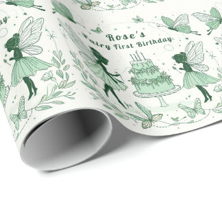 Papier Cadeau Fée verte enchantée premier anniversaire -