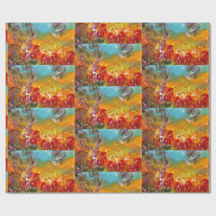 Papier Cadeau FÉES DES FLEURS ROUGES Fantaisie florale
