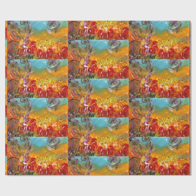 Papier Cadeau FÉES DES FLEURS ROUGES Fantaisie Florale (Plat)