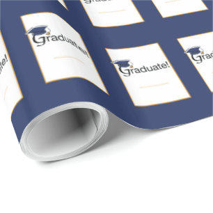 Papier Cadeau Félicitations au diplômé, Chapeau, Gland, Bleu, Or