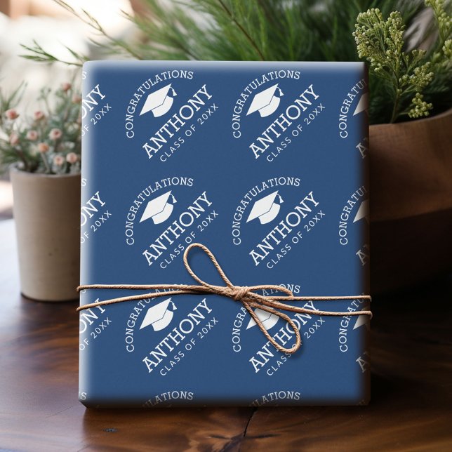 Papier Cadeau Félicitations Graduate Graduate Cap bleu (Custom Wrapping Paper)