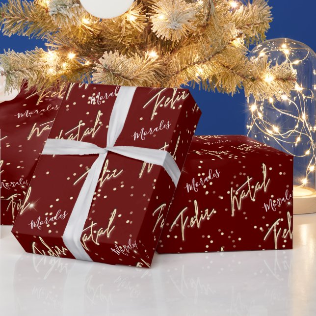 Papier Cadeau Feliz Natal Golden Script Nom personnalisé Bourgog (Vacances)