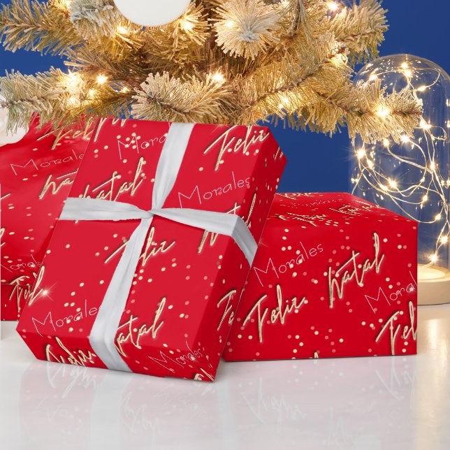 Papier Cadeau Feliz Natal Golden Script Personnalisé Nom Rouge c (Vacances)